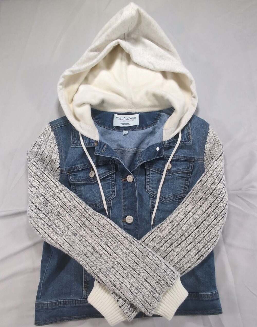 WallFlower Juniors The Dreamer Fit Denim Jacket with Knit Sleeves and Hood